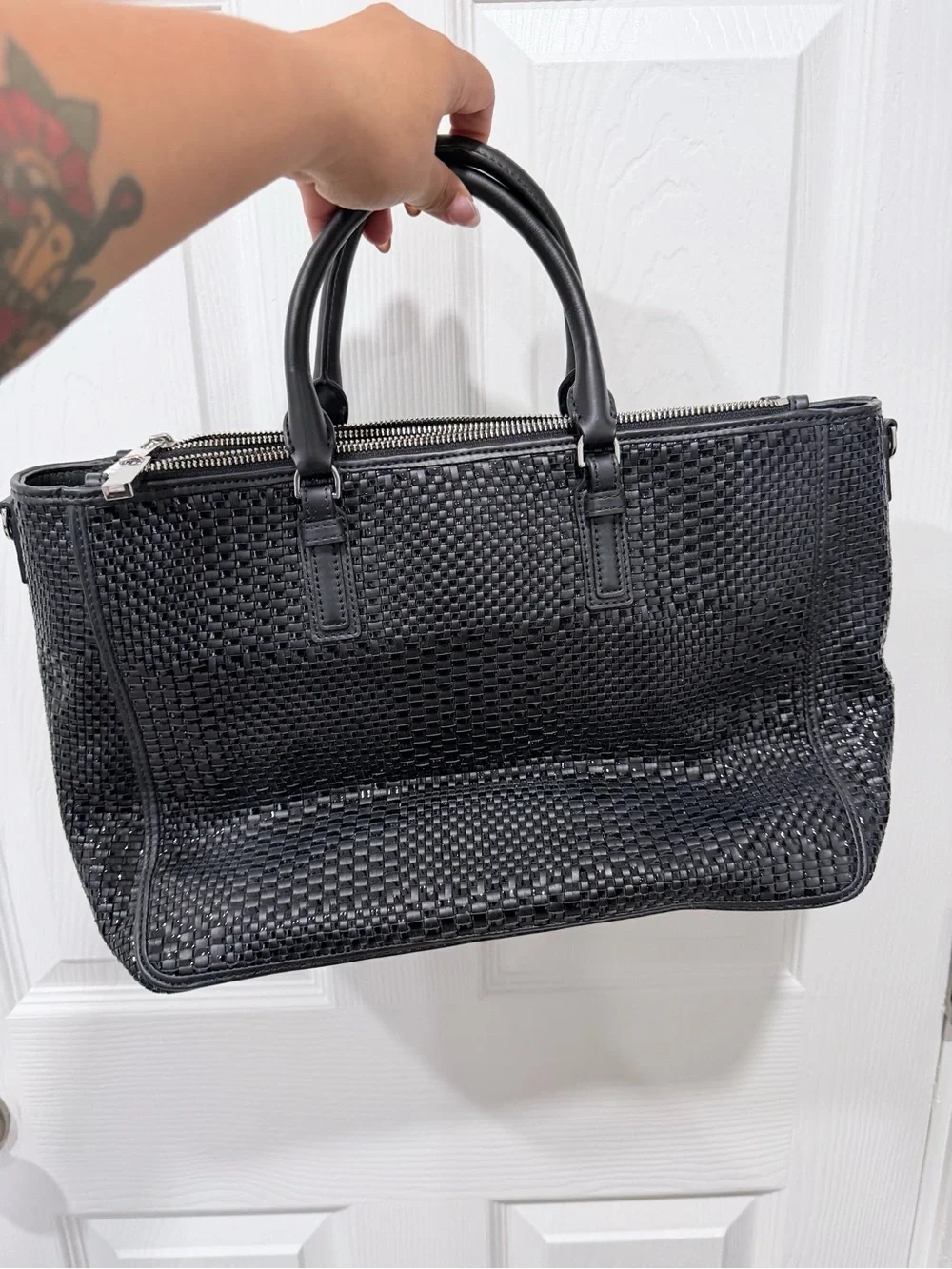 Tory Burch Robinson Black Woven Leather Top-Handle Satchel